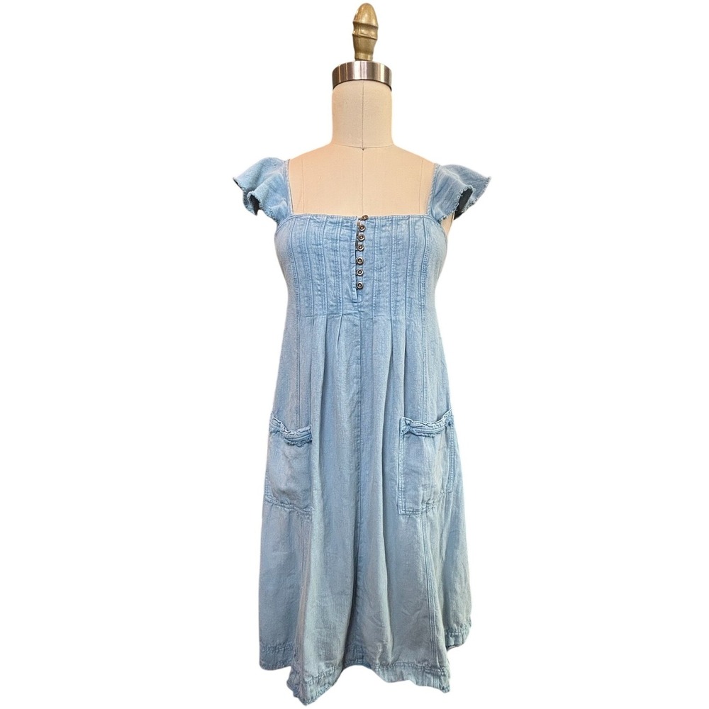 Boho Anthropologie Pilcro Cottagecore Denim Midi Dress Flutter Sleeve XS Blue
